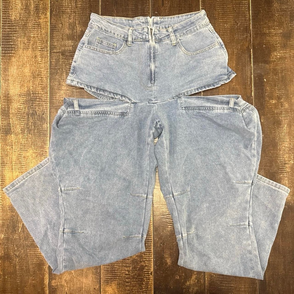 Women's Baggy Denim Jeans Patchwwork Wide Leg Cutout Disconnect Jeans